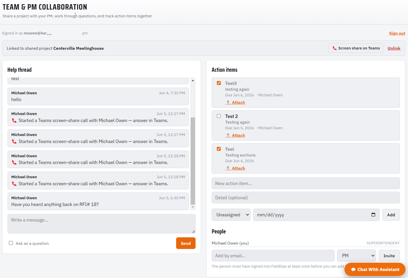 FieldOps Team & PM collaboration — help thread and shared action items