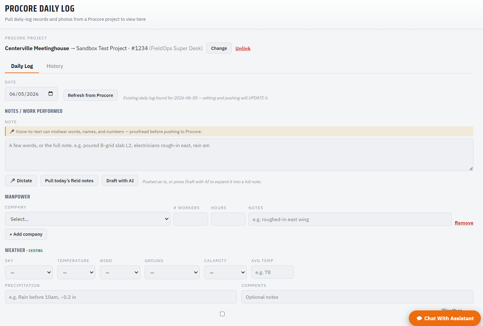 FieldOps Procore daily log editor